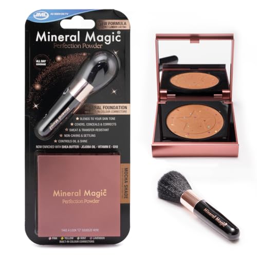 JML Mineral Magic Makeup Perfection Powder - Long Lasting Pressed Face Powder Foundation Covers Conceals Corrects and Q10 Hydrates - Make Up to Cover Fine Lines Blemishes and Dark Circles - Mocha