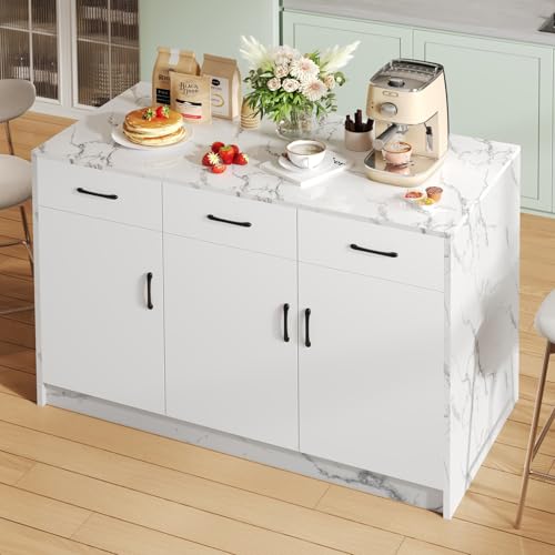 PUGSDRLY Îlot Central Cuisine au Design Marbré avec Table Bar,Étagères Réglables,3 Tiroirs Silencieux,Buffet Meuble Cuisine pour Salon et Salles à Manger (D-...