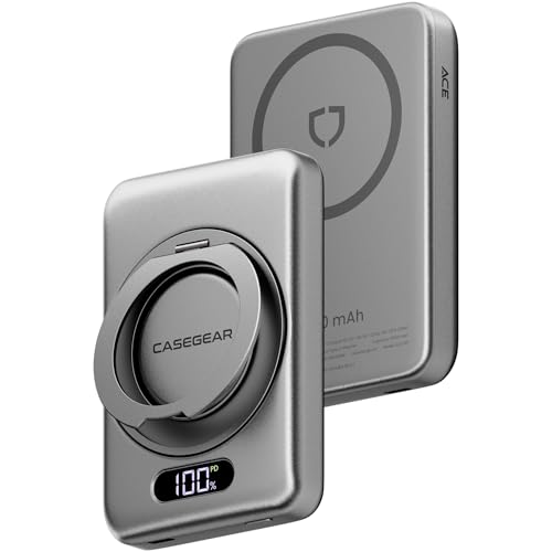 Image of CASEGEAR ACE 10000mAh Aluminium Wireless Power Bank Compatible with Magsafe, Strong N54 Magnet, 20W Fast Charging, Compatible with iPhone 12 & Above, Samsung, etc. 360 Rotating Stand, Digital Display