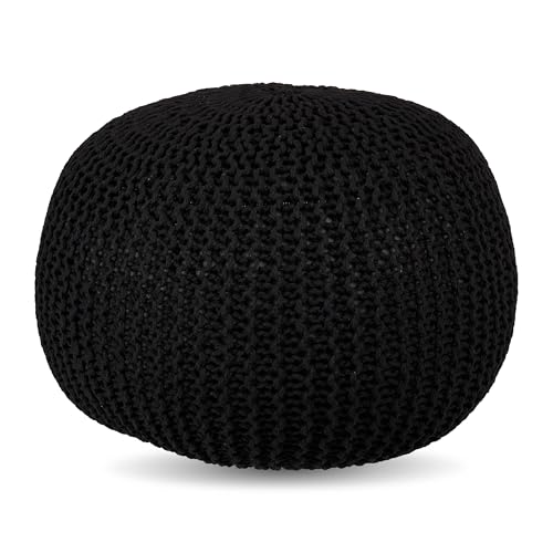 Pouf Relaxdays, tricoté, HxP : 33 x 46 cm, Rembourrage en polystyrène, Coussin de Sol Rond, Tabouret Boho, Pouf, Noir