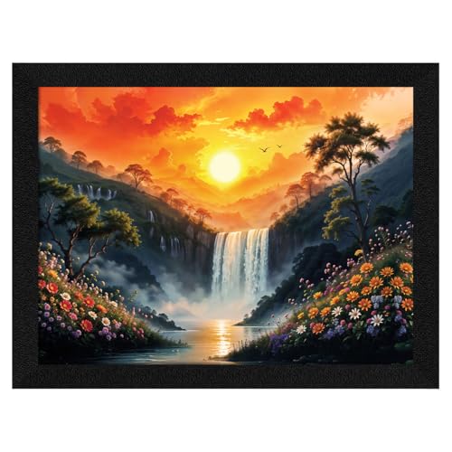 Image of ArtX Paper Rising Sun Painting For Vastu, Small Size Wall Art Scenery, Water Stream, Waterfall Painting Vastu, Rising Sun Wall Decor, Multicolor, Nature, 13.0 X 10.0 Inch, Set of 1