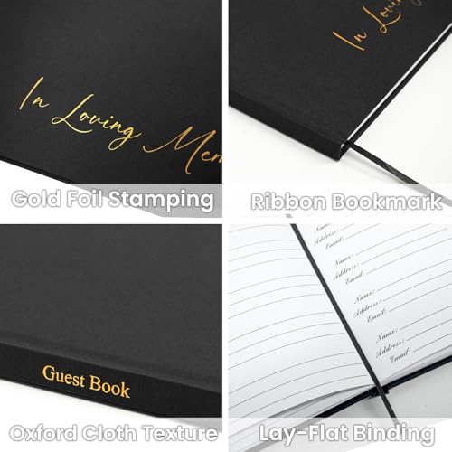 Image of Funeral Guest Book for Memorial Service, in Loving Memory 9x7.5 | 330 Entries, Table Sign Card Included, Gold Stamping, Oxford-Textured Paper Cover, Minimalist Design, Black