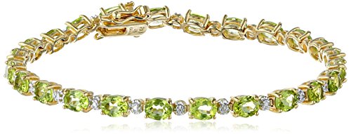 18k Yellow Gold Plated Sterling Silver Genuine Peridot Oval Cut 5x4mm and Diamond Accent Tennis Bracelet, 7.25"