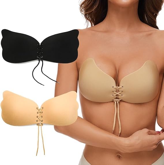 Sticky Bra, Backless Strapless Bra Push Up, Adhesive Invisible Lift Up Bras 2 Pairs,Skin&Black Color for Girls & Women Undergarment for Backless Dress-image-34