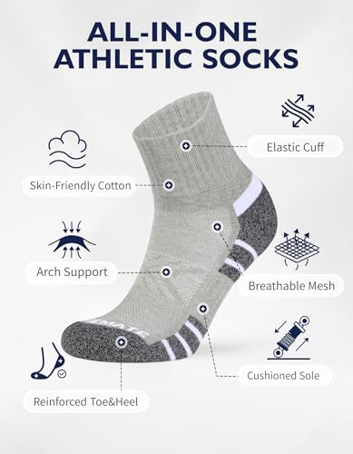 Image of CLOSEMATE 6 Pairs Mens Athletic Ankle Socks Cushioned Running Quarter Socks | Cotton socks with breathable mesh, terry cushion & secure fit for sports, sneakers& daily wear
