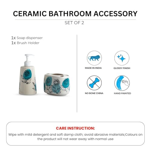 Image of ExclusiveLane 'Aqua Bloom' Hand-Painted Ceramic Bathroom Accessories Set of 2 (Liquid Soap Dispenser for Wash Basin, Paste & Toothbrush Holder) |Handwash Dispenser |Bathroom Organiser Set