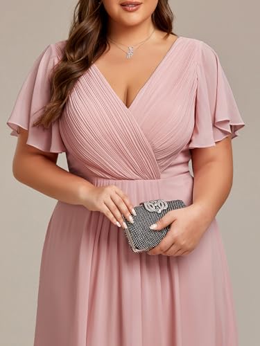 Image of Ever-Pretty Plus Summer Short Sleeves V-Neck Formal Wedding Guest Dresses for Curvy Women Chiffon Midi Cocktail Party Dress