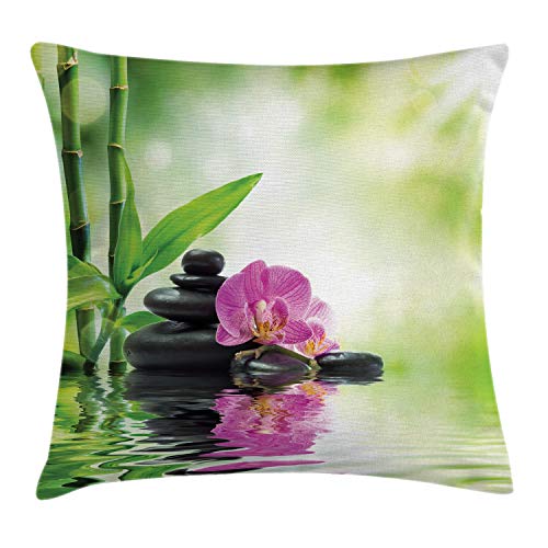 ABAKUHAUS SPA Funda para Almohadón, Orquídeas Agua Rocas, Decorativo, Estampado en Ambos Lados, 50 x 50 cm, Negro Verde Rosa