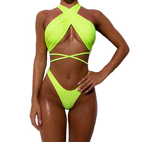 HIMESPORT Women Front String Tie Cross Halter Bikini Set Swimsuit Swimwear Two Piece Bathing Suit T Style Bandage Neon, Small, Green