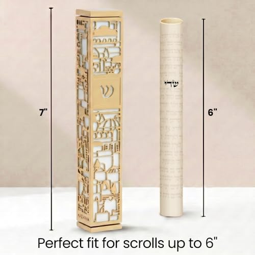 Image of SURI Mezuzah for Door with Scroll, 7 Inch Gold and White Mezuzah Case with Non Kosher Scroll Inside, Fits a up to 6 Inch Scroll, Includes Adhesive and Gift Box