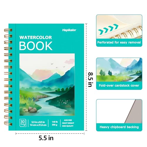 Image of Watercolor Paper Pad, 5.5 inchx8.5 inch Water Color Paper, 140lb /300gsm Artist Painting Drawing Paper Book, Art Supplies for Adults Kids, Watercolors, Watercolor Paint Set, Sketchbook, Journal, Green