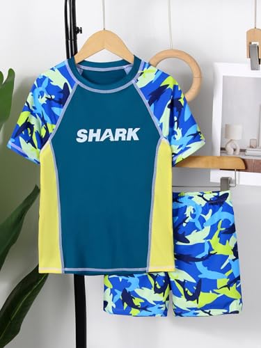 Boys Kids Short Sleeve Shark Shirts with Shorts Two Piece Printed Sport Swimsuits2