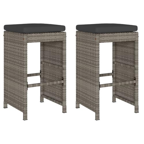 vidaXL Tabourets de Bar Jardin Coussins Lot de 2 Gris résine tressée, Tabouret, Tabouret de Bar extérieur, Chaise de Bar, Tabouret de Jardin