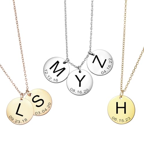 INBLUE Colar de disco redondo personalizado para mulher gravado inicial/colar opcional de data com caixa de presente prata / ouro/ouro rosa redonda pingente colar jóias presentes para mulheres, Aço