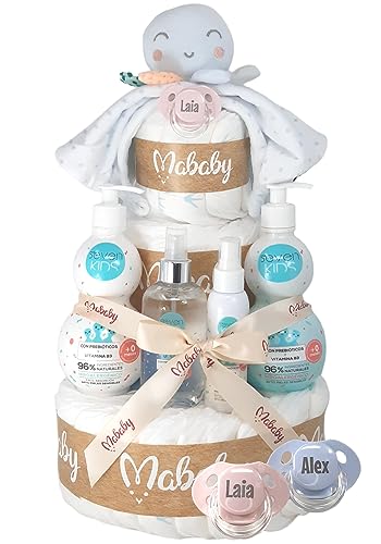 Mababyshop, Tarta Pañales Mi Pulpito. Chupete Personalizado con el Nombre en Pastel de Pañales Ecológicos y Set de Cremas Para Bebé (Rosa)