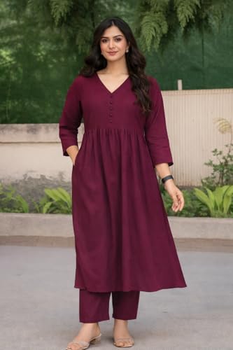 Image of ANILINE Women's V-Neck, Button Front, three-quarter sleeves, Anarkali shape, Empire Waist, Pleated Design Kurta With Pant