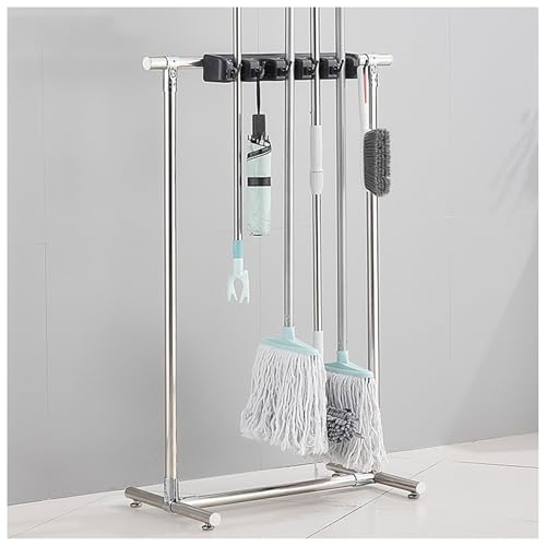 Mop Rack Broom Holder Garden Tool Organizer, Movable Closet Storage Cabinet Cleaning Tool Rack, Laundry Room Storage Shelf with Hooks, Metal Tool Stand Holder for Shed