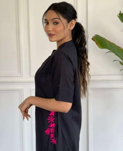 Image of Women's Cotton Embroiderd Long A-Line Kurti with Palazzo