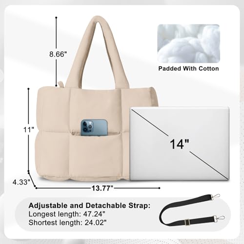 Image of Puffer Tote Bag for Women, Quilted Shoulder handbag for Travel, Work, Gym | nylon lightweight bag, waterproof, cloudy, zipper, compartments, nurse bag, adjustable crossbody strap