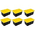 Sterilite 17 Gal Industrial Tote, Stackable Storage Bin with Snap-Fit Lid for Garage, Basement & Attic Storage, Black Base and Yellow Lily Lid, 6-Pack