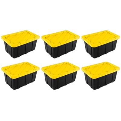 Sterilite 17 Gal Industrial Tote, Stackable Storage Bin with Snap-Fit Lid for Garage, Basement & Attic Storage, Black Base and Yellow Lily Lid, 6-Pack