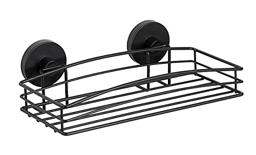 WENKO Repisa mural Vacuum-Loc negra, repisa de pared, fijación sin taladrar, repisa de ducha con fijación al vacío, repisa de baño, acero pintado en negro, estilo loft, 26 x 6,5 x 14 cm