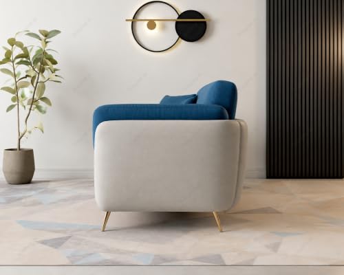 Image of 3 Seater Dual Color Sofa, Velvet Fabric (Blue & Off-White) | Solid wood structure, premium velvet upholstery, sturdy golden legs, ideal for living room seating.