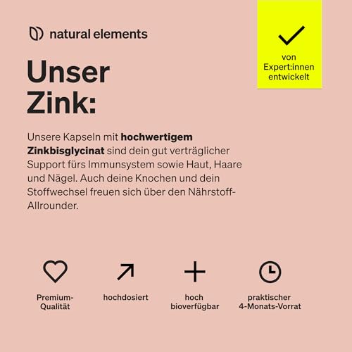 natural elements Zink Kapseln - 120 Stück - 25mg pro Kapsel - gut verträgliches Zinkbisglycinat (Zink-Chelat) – Alternative zu Tabletten - vegan, hochdosiert, ohne unnötige Zusätze 3