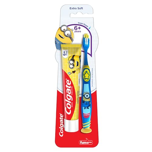 Colgate Kids (6+ Years) Minion Toothbrush Extra Soft with Tongue Cleaner - 1 Pc & Minion Toothpaste - 40 Grams Manual Multicolor