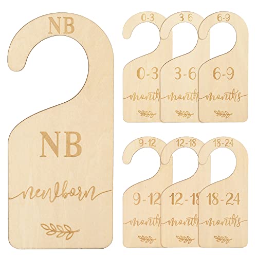 Whaline Wooden Baby Closet Size Dividers Set of 7 Wardrobe Hanger Organizer from Newborn to 24 Month Nursery Decor Dividers with Blue Velvet Bag Design for Home Nursery Infant Baby Clothes