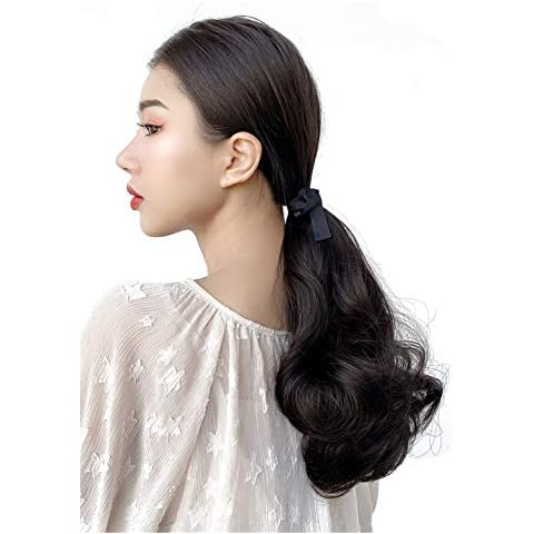Yanamy 14" Wavy Ponytail Hair Extensions Synthetic Ribbon Clip on Pony Tails for Women, Black Cover