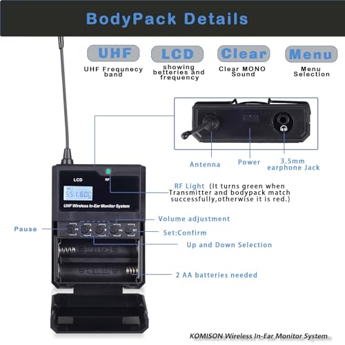 Komison Mono Wireless In Ear Monitor System, Iem System, Uhf Professional Iem System Transmitter And Beltpack Receiver Iems For Studio thumb #2