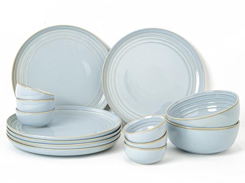 Image of Bodhi House Handcrafted Chip Resistance Porcelain Dinner Set, 14 Pieces Dish Set Serving for 6, Microwave and Dishwasher Safe, Bone-ash Free, Crockery Set for Dining and Gifting, Arctic Blue