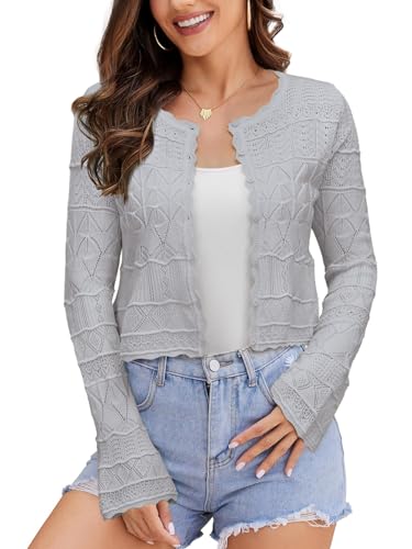 Image of FAIRY SEASON Women's Cropped Cardigan Sweater, Openwork Hollow Knit Shrug | Bell Sleeve, Versatile Outerwear to Match Dresses for Daily Outings, Dinner Dates and Casual Evening Occasions