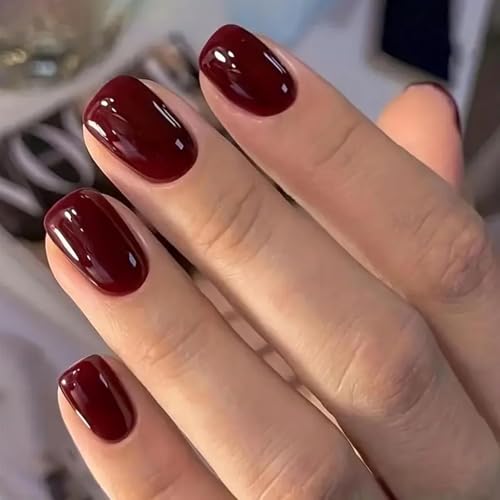 JUSTOTRY 24 Piezas de Uñas Postizas Cortas de Color Burdeos, Uñas Press-On Cuadradas Sólidas Rojas Oscuras, Uñas Postizas Brillantes de Tamaño Mediano para el Arte de Uñas