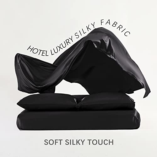Candoury Satin Sheets Queen Bed Set 4 Pcs, Soft And Durable Pillowcase, Flat Sheet And Fitted Sheet, Hotel Luxury Silky Satin Sheets Set(Queen, Black) #TOP4