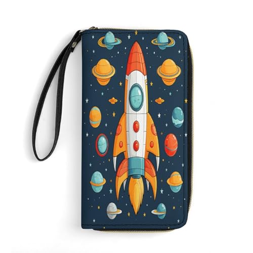 BFGWK Large Wallet Novelty Rocket Clipart Space Ship Printing Long Wallet With Zipper Leather Wallet Suitable For Both Men And Women