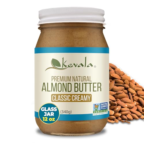 Kevala Almond Butter Creamy - Premium Natural Sandwich Spread with No Dairy in a Glass Jar, Made from Carefully Selected Almonds, Delicious Peanut Butter Substitute with no Sugar Added, 12 oz