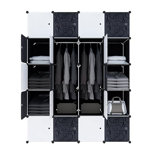 HENGMEI Armario Armario sistema de estanterías con puertas de plástico PP para guardar ropa, libros, bricolaje montaje (20 cajas con puerta, con 2 barras negras)