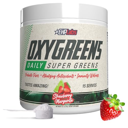 EHP Labs OxyGreens Super Greens Powder with Spirulina & Chlorella Prebiotic Fiber Probiotics & Digestive Enzymes Antioxidant Green Superfood Supplement - 15 Serves (Strawb. Margarita)