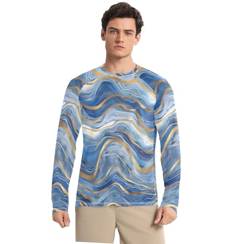 Bolaz Mens UV Protection Shirts Rash Guard Long Sleeve UPF 50+ Blue Gold White Watercolor Quick Dry S