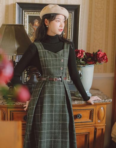 Sleeveless Plaid Belted Dress for Women Fall Winter Wool Elegant Midi Overall Pinafore Apron Dress4
