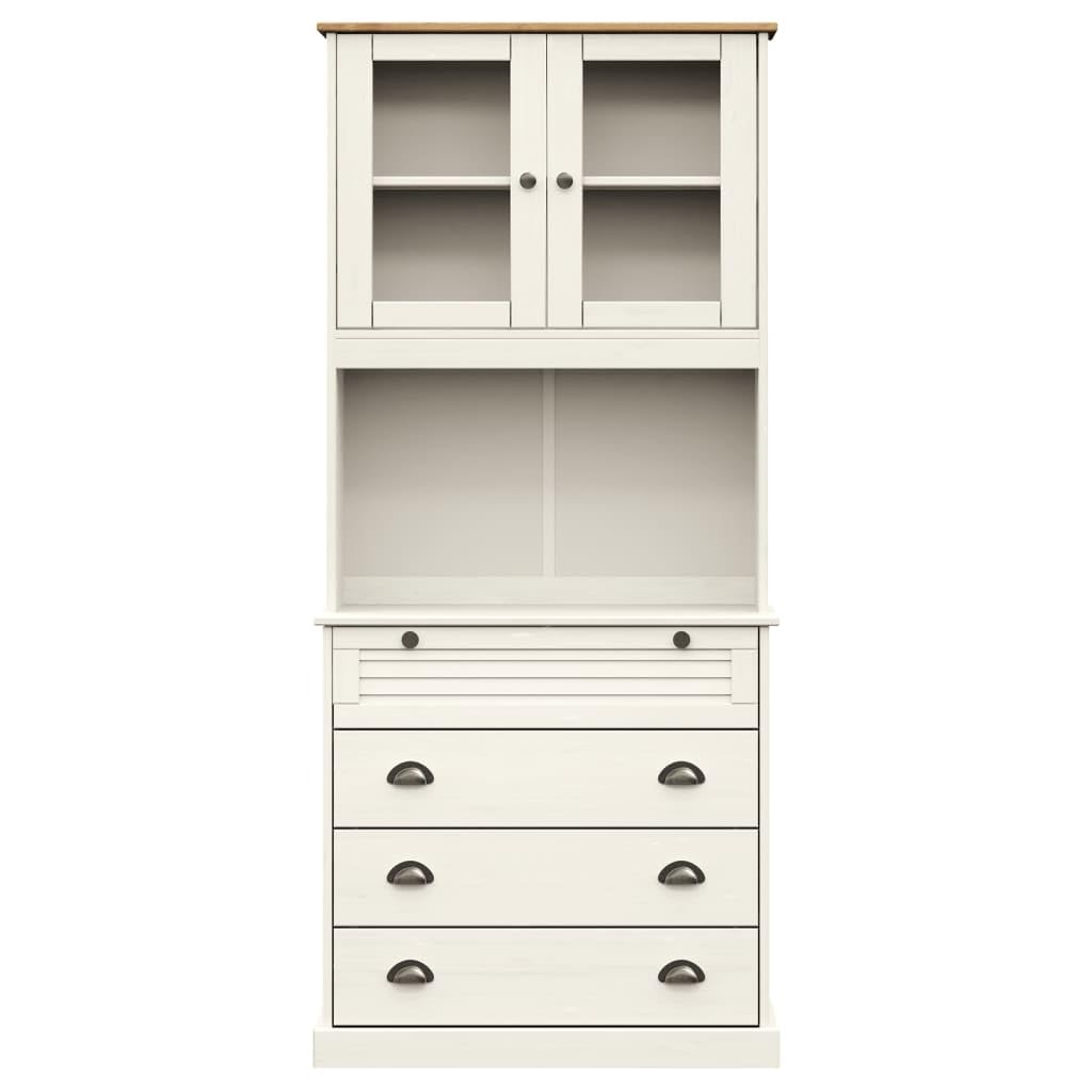 VIGO Kredens bialy 80x40x176 cm lite drewno sosnowe wysoka szafka kuchenna z szufladami szklane drzwiczki bialy mebel do jadalni