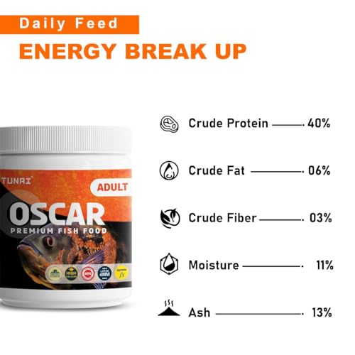 Image of TUNAI All Life Stages Supreme Formula Oscar Fish Food Fortified with 40% Protein and Vitamins, Essential for Color Enhancement, Growth for Medium and Large Sized Oscar Fishes, 4Mm Pellet Size, 100G