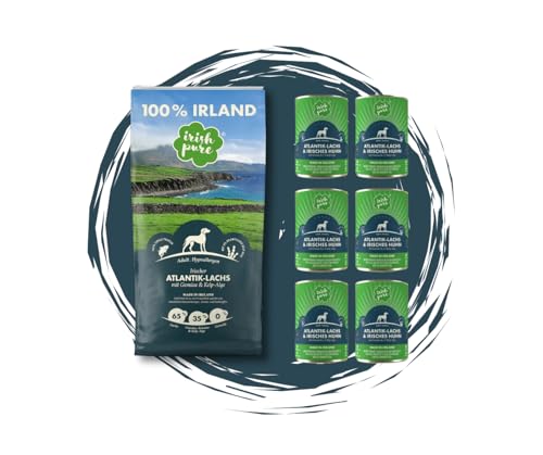 Irish Pure Atlantik Lachs Adult - Hundefutter - 12kg + 6x390g - getreidefreies Trockenfutter & Nassfutter – hypoallergen mit Kelp-Alge & Gemüse – Single Protein – natürlich & sensibel - Sparpaket