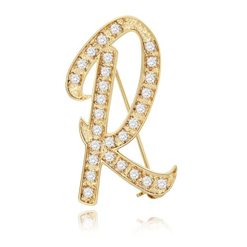 Image of Cicy Bell A-Z Initial 26 Letter Brooch Pins 18k Gold Plated Cubic Zirconia Breastpin Name Personalized Gifts for Women Men