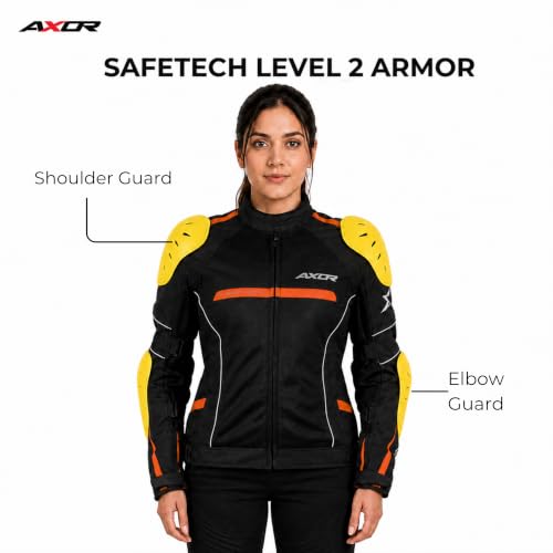 Image of Axor Divazz Women Motorcycle Riding Jacket, CE Armour Protective Bike Jacket, All-Weather Touring Riding Gear with Ventilation Panels, Black Orange, L