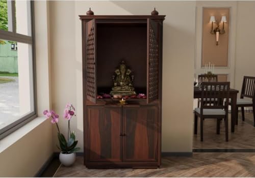 Image of Solid Sheesham Wood Temple for Home & Office /Mandir /God Stand /Pooja Stand /Home Mandap /Mandapam with Cabinet Doors & Multiple Storage (Walnut-2, Large)