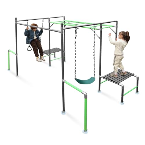 LeisureStar Outdoor Jungle Gym with Monkey Bars Frame, Climbing Set, Trapeze Swing Bar, Belt Swing, Kids Gymnastics Bars, Playground Set with Powder Coated Galvanized Steel for Backyard, Garden, Grass