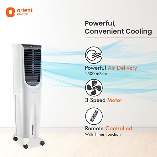 Image of Orient Electric Ultimo Tower 55L Air Cooler for Room | Remote Controlled | Densenest Honeycomb Pads, High Air Delivery | Fully Collapsible Louvers & Dust Filter | 1 Year Warranty by Orient | White